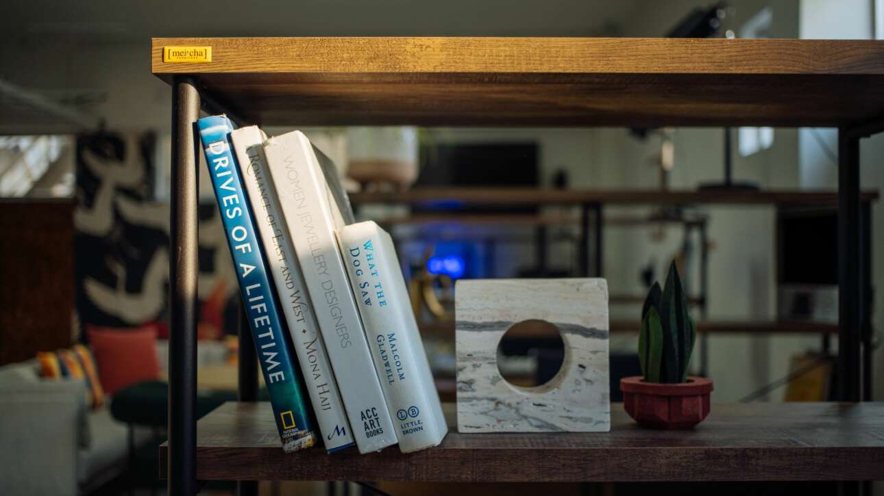 Bookshelves are styled with literature and decorative pieces
